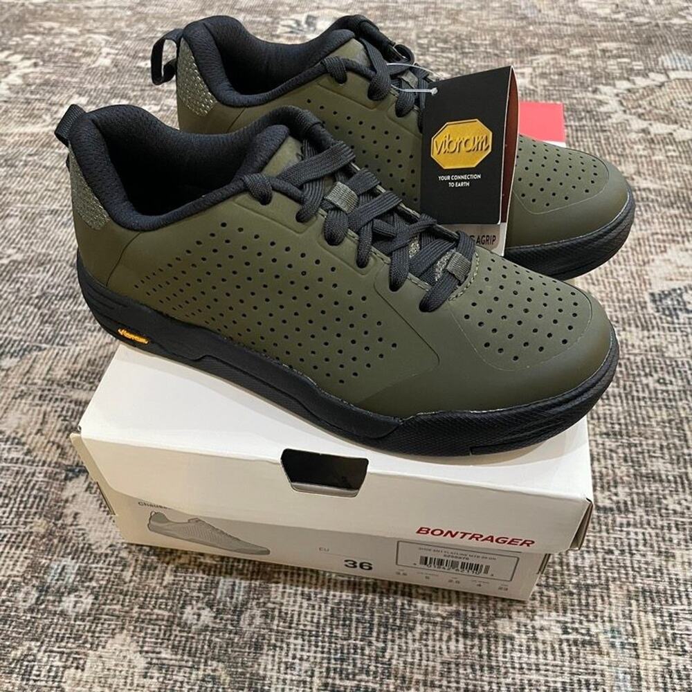 Bontrager Flatline MTB Flat Pedal Shoes Vibram Megagrip Olive Green EU 36 NEW